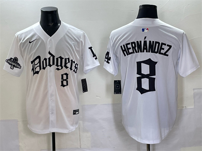 Men's White Los Angeles Dodgers #8 Enrique Hernández 2025 LA Gothic Style With 2024 World Series Champions Patch Vapor Premier Limited Stitched Baseball Jersey